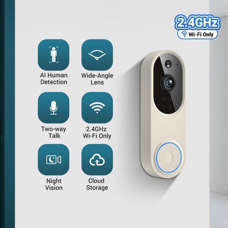 Sonnette vidéo sans fil, détection humaine par IA, vue en direct, vision nocturne, stockage en nuage, Wi-Fi, alimentation par batterie (1/5)