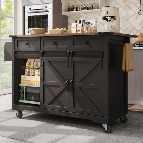 Îlot cuisine noir sur roues avec, en bois, 2 portes, 3 tiroirs, pour cuisine et salle à manger, mobilier de rangement pratique