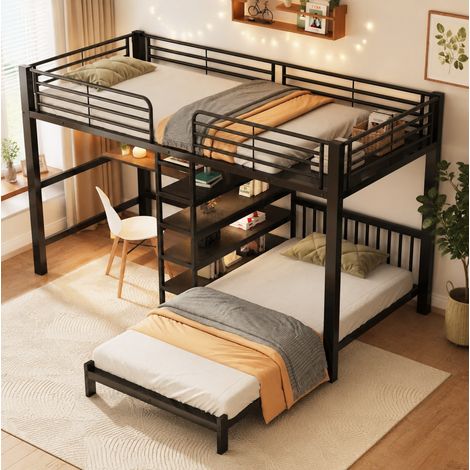 Letto soppalco 90x200 cm per bambini con scrivania, mensole, armadio portaoggetti, struttura stabile in metallo e MDF - nero (1/5)