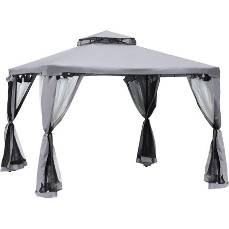 Pavillon de jardin 3x3 m en métal et polyester gris clair avec 4 côtés en filet pour protection insectes (1/5)