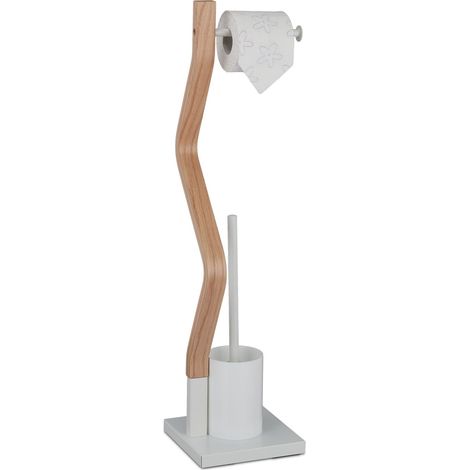 Serviteur WC Non Fixe, Porte-Rouleau, Brosse et Son Support, H x L x P : 75 x 18,5 x 18,5 cm, Blanc et Nature (1/5)
