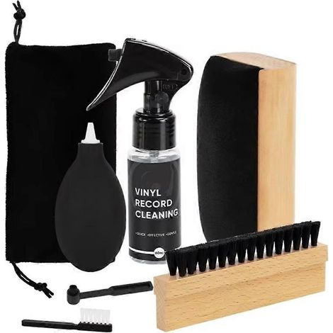 Kit de nettoyage de disques vinyles 7 en 1 pour platines : manche en bois, brosse en velours, souffleur d'air, stylets, pochette de rangement pour la brosse. (1/5)