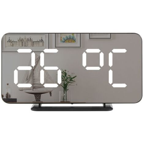 Réveil numérique miroir LED, affiche température, double alarme avec snooze, format 12/24h, 3 luminosités, mural ou bureau, pour chambre salon ou bureau (1/5)