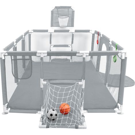 Parc pour bébé avec panier de basket et échelle de football, parc pour bébé, barrière de sécurité, barrière avec entrée et portillon, gris foncé