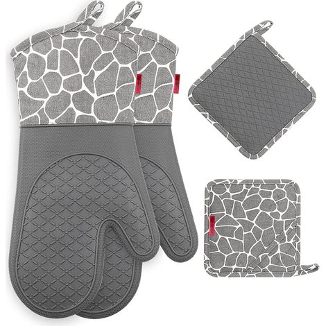 Silicone Gants de Cuisine, Gants de Barbecue Résistant à Chaleur 1 Paire et 2 Maniques, Parfait pour Grill BBQ Cuisine Four de Cuisson (Gray)