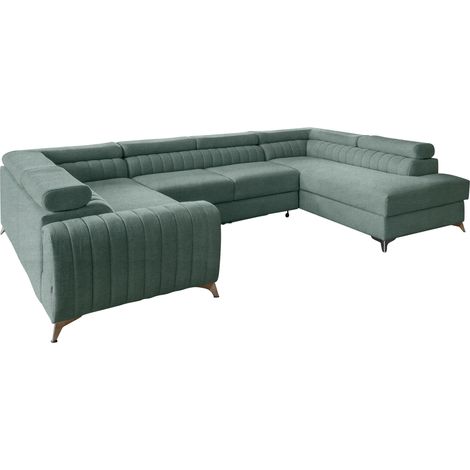 Canapé panoramique convertible LOUVE tissu - Rangement et têtières réglables à droite-Vert emeraude-Coffre à droite (1/5)