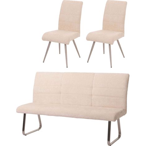 [NEUWERTIG] Esszimmer-Set HHG-221, 2er-Set Stuhl + Sitzbank 180cm, Edelstahl gebürstet Stoff/Textil Chenille creme