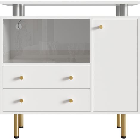 Aparador moderno LED blanco con 2 puertas correderas de cristal, 2 cajones y 1 puerta (1/5)