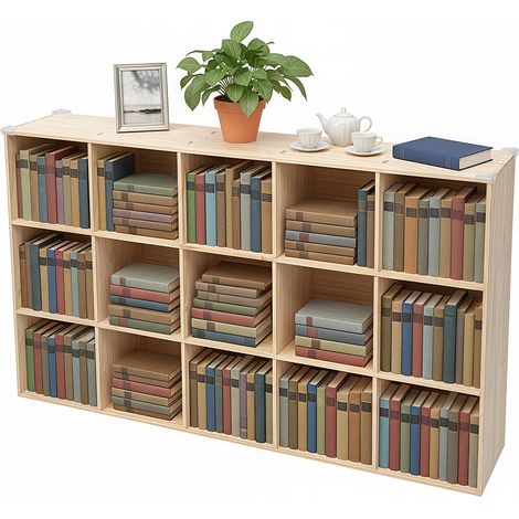 YISSALE-Regal mit 15 Fächern – Offenes Regal aus Holz mit 3 Ebenen für Zuhause und Büro, Vitrine, Eiche 30 x 90 x 150 cm (1/5)