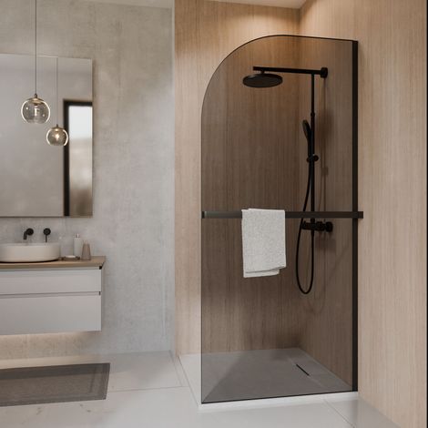 Schulte paroi de douche à l'italienne, 90x200 cm, paroi de douche fixe arrondie, Walk In réversible, verre fumé 6 mm, porte-serviettes, noir