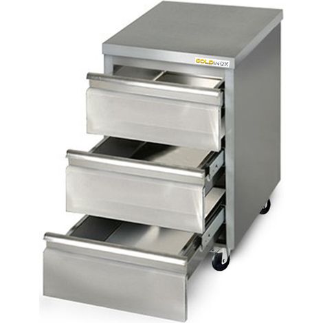 Meuble inox 3 tiroirs 500 x 700 mm sur roulettes / GOLDINOX