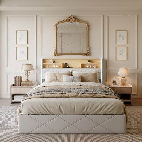 Letto contenitore 140x200 cm stile scandinavo, testiera con contenitore, illuminazione LED RGB e stazione di ricarica USB A+C, rete a doghe inclusa, Bianco (1/5)