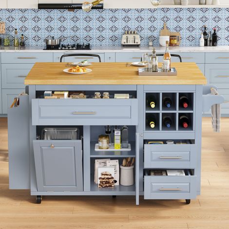 Rollbare Kücheninsel mit Schubladen, Klappplatte, Flaschenregal, Blau OKMYHOME (1/5)