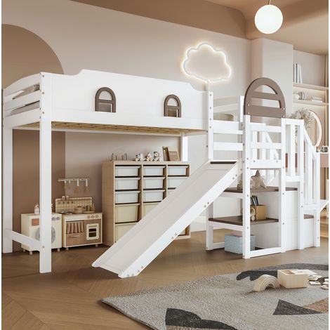 Etagenbett aus Kiefernholz und MDF in Weiß, 90x200 cm, mit Rutsche, Stauraumtreppe und Fenstern (1/5)