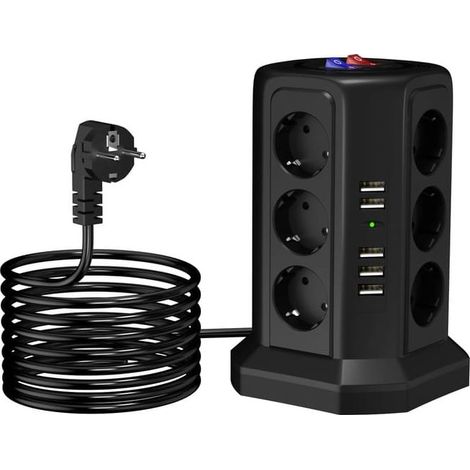 Multiprise 17 en 1 avec 5 USB, multiprise avec interrupteur, tour de prise 12 prises et rallonge de , pour bureau, cuisine, table (noir) (1/5)