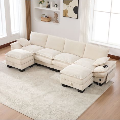 Divano modulare 4 posti 330x132x84 cm, con due pouf, seduta ergonomica, tessuto corduroy, beige (1/5)