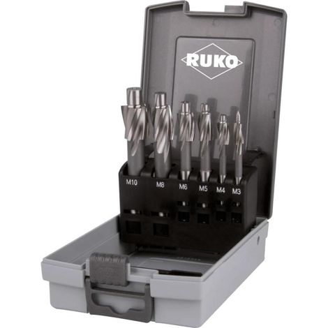 RUKO Juego avellanadores planos 6 pzs. DIN 373 HSS M 3 M 10 medio para agujero pasante en caja de plástico ABS 102451RO