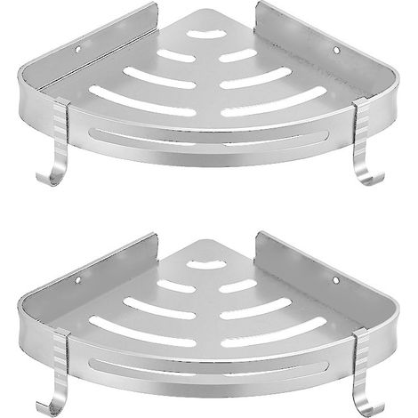 [NON UTILIZZATO] Mensola angolare per doccia, non necessita di foratura, in metallo con 2 ganci per doccia, antiruggine, autoadesiva + argilla per accessori da bagno, 2 pezzi (argento) (1/3)