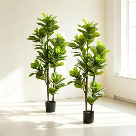 Due piante artificiali di fico a foglia di violino, alte 150 cm, con vasi in cemento, piante artificiali da interno, consegnate a domicilio. (1/5)