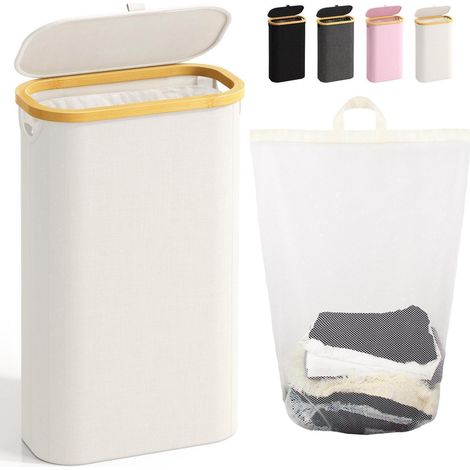 Schmaler Wäschekorb mit Deckel, 75L, faltbar, herausnehmbarer Beutel, Beige (1/5)
