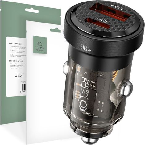 TECH-PROTECT CC30W 2-Port-Autoladegerät PD30W/QC3.0 Schwarz