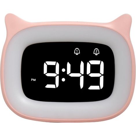 Despertador infantil con luz nocturna y 13 tonos de llamada，Despertador recargable con orejas de gato，ideal para niños y niñas，Rosa