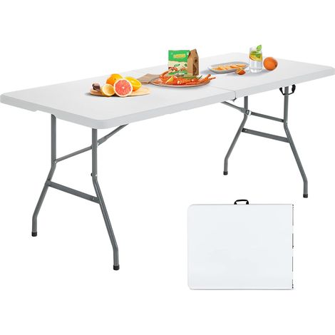 GOPLUS Table Pliante de 180x73,5x73,5cm, Table Pliante en Deux Robuste avec Poignée, Table de Pique-Nique Portable et Légère avec Structure en Acier, Table Utilitaire Intérieure et Extérieure, Blanc (1/5)
