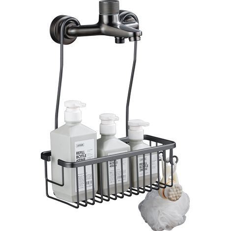 Serviteur de Douche Suspendu en Aluminium - Étagère et Panier Sans Perçage à Accrocher au Mitigeur, Grey (1/5)