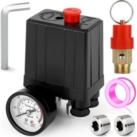 Pressostat pour compresseur d'air 68 BAR/90120 PSI 110V240V 4 way Pièces de rechange avec manomètre 012 BAR/180 PSI et soupape de sécurité (1/5)