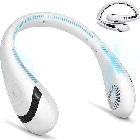Ventilateur de Cou Portable Pliable – Sans Pales, Ventilation 360° – 3 Vitesses, Batterie 5000 mAh – Mains Libres, Sans Cheveux – Blanc – Voyages (1/5)