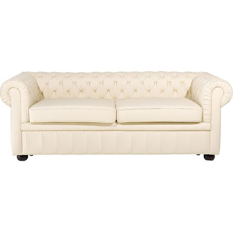 Divano vintage a 3 posti in pelle beige Chesterfield
