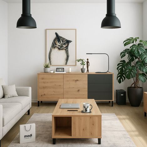 Dmora Buffet haut Concord, Buffet moderne avec 2 portes et 3 tiroirs, Buffet du salon, Meuble TV, Buffet pour le salon, cm 154x41h74, Chêne noueux et Anthracite, avec emballage renforcé (1/5)