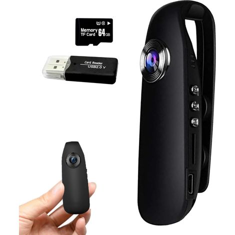 Mini caméras corporelles avec enregistrement audio et vidéo HD 1080p avec détection de mouvement, vision nocturne, carte TF 64 Go, autonomie de la batterie, caméra espion, caméra pour (1/5)