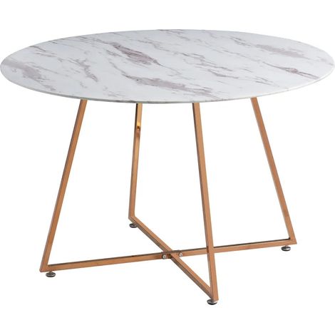 Table à Manger Ronde Verre Marbré Blanc & Pied Rose Gold – D120×75 cm – HELOISE (1/5)