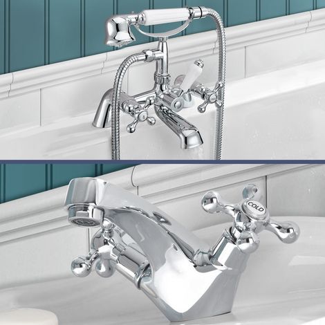 Stafford Victorian Cross Head Bath Shower Mixer Tap With Handheld Kit & Basin Mono Mixer Tap & Waste (1/5)