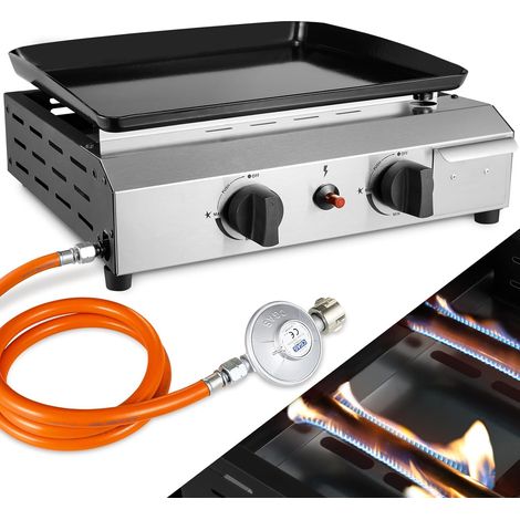 Gas Plancha Grillplatte,Kompakt Tischgasgrill 2 Brenner,Plancha Gasgrill Edelstahl 4,8KW 16500 BTU,Keramische Lackbeschichtung Grillfläche,Camping Tischgrill Gas Garten,Terrasse,Butan/Propan (1/5)