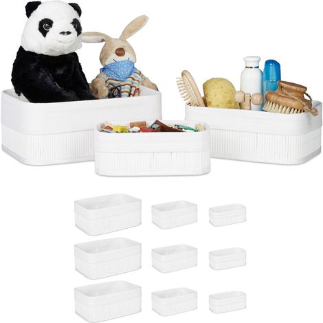 Relaxdays Cajas de almacenaje, Set de 12, Funda textil, Rectangular, Accesorio, Baúles, Bambú, Blanco (1/5)