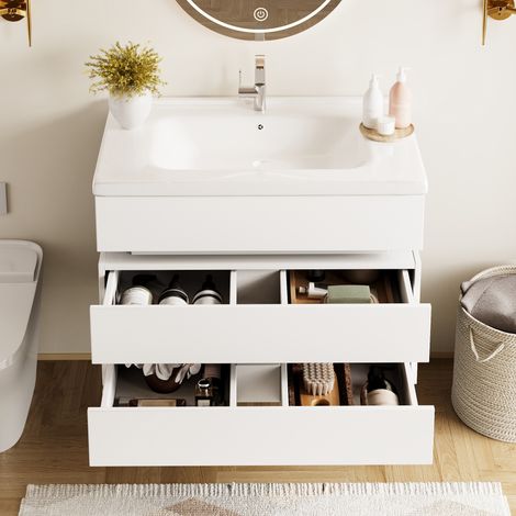 Armoire murale de salle de bain avec éclairage LED,meuble en céramique,tiroirs à fermeture douce,mobilier de salle de bain blanc