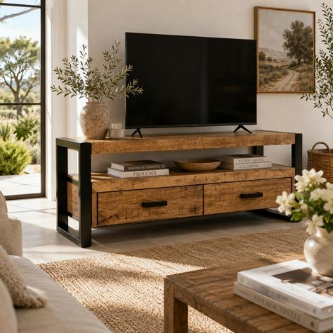 Petit meuble TV bois métal à double plateau KARGO (1/5)