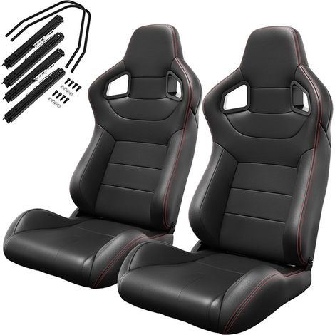 Sedili racing universali neri in PVC con cuciture rosse 2 pezzi reclinabili con slitta regolabile (1/5)