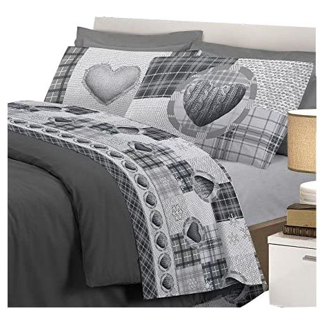 Completo letto lenzuola love mountan con stampa fotografica 100% cotone parure made in italy Piazza e mezza - Grigio