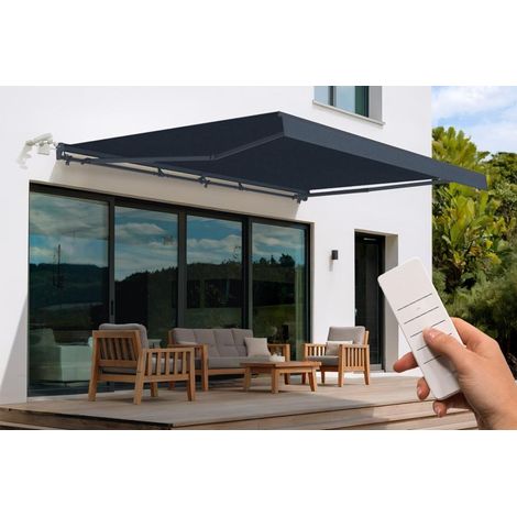 Cazeboo – Store banne semi-coffre motorisé 5x3m – Toile polyester 320g/m² – Protection UV50+ – Inclinaison réglable 30° à 100° – Capteur de vent inclus