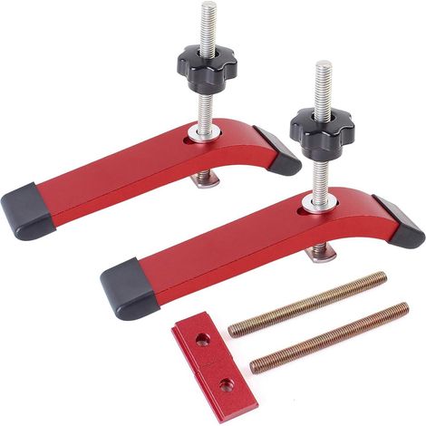 Lot de 2 goupilles de rail T-Track rouges avec boulons en T et poussoir, ensemble de pinces de fixation en T, pinces de serrage rapide pour scie de table, routeur, table, outil de travail du bois (1/5)