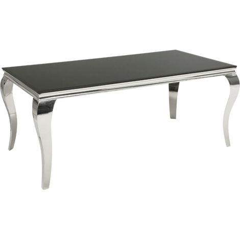 Esstisch VELENA 180 cm – Tischplatte aus schwarzem Glas und Gestell aus poliertem silbernen Stahl
