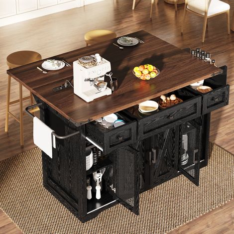 Îlot de cuisine mobile avec plan de travail extensible et prise électrique, hauteur de travail de 91 cm, blanc/noir, capacité de charge jusqu'à 75 kg (1/4)