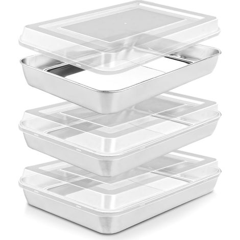 Lot de 3 Plat Four Rectangulaire Antiadhésif, Argent, Acier Inoxydable, 31 x 24 x 5 cm, avec Couvercle (1/5)