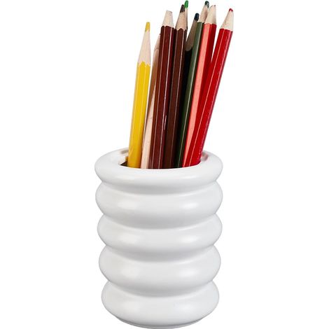 Porte-stylo de Bureau pour Crayons Pot à Organisateur de Pinceaux de Maquillage Céramique Potelé Blanc Pot Mignon avec Couvercles Porte-crayon Minimaliste Moderne Déco Bureau Maison,11.5x6 cm (1/5)