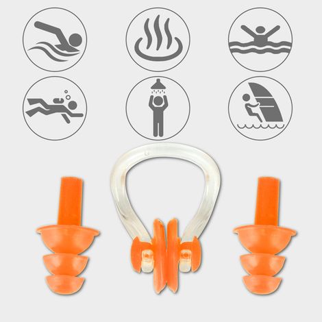4 Paires Bouchons d'Oreille Souples en Silicone pour Natation avec Pince Nez (Orange)
