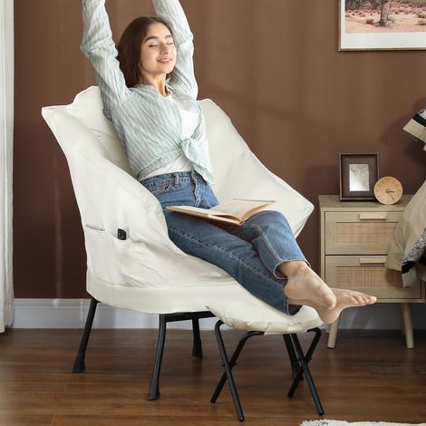 Sillón de Salón con Otomana Sillón de Relax con Bolsillos Laterales y Patas de Acero para Sala de Estar Dormitorio Crema (1/5)
