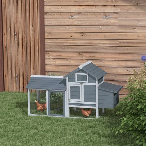 PawHut Petit poulailler cottage cage à poules sur pied dim. 150.5L x 54l x 87H cm multi-équipement bois massif de sapin